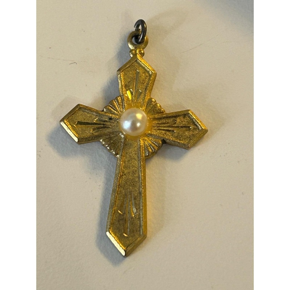 Vtg Gold Plated over Sterling Silver 925 Stamped Auth. Pearl CROSS Pendant 1 1/4